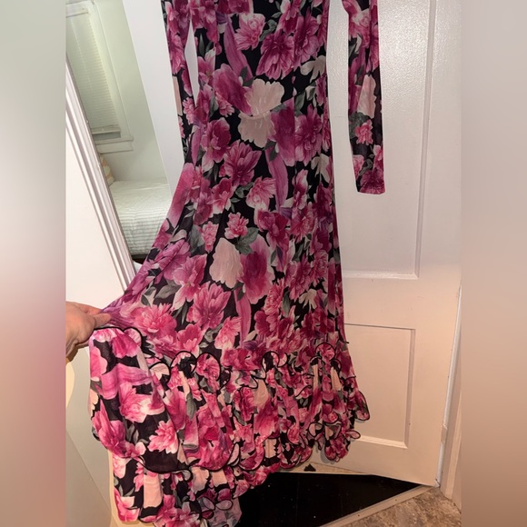 Lulus Emilina Black And Magenta Floral Mock Neck Maxi Dress - Size L - Picture 3 of 5